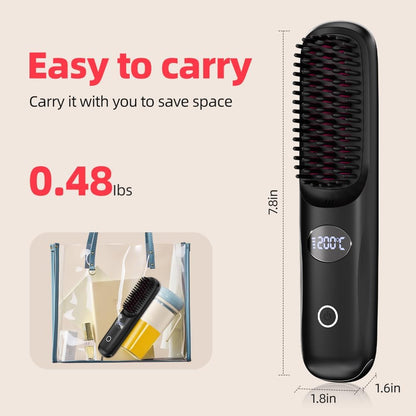 Cordless Hair Straightener Brush - Portable Mini Hot Comb with Negative Ion and LED Display