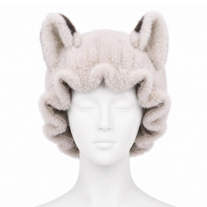 Fox Ear Design Plush Satin Hair Bonnet for Sleeping - Adjustable Elastic Sleep Cap