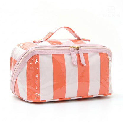 Large Capacity Striped Makeup Bag, Waterproof PVC Travel Organizer with Wide-Mouth Opening