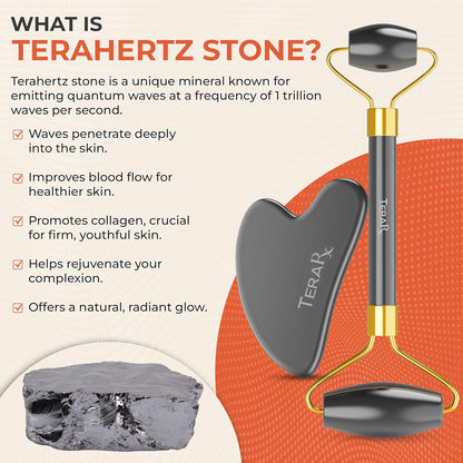 Terahertz Gua Sha & Facial Roller Set - Authentic Stone for Puffiness & Wrinkles