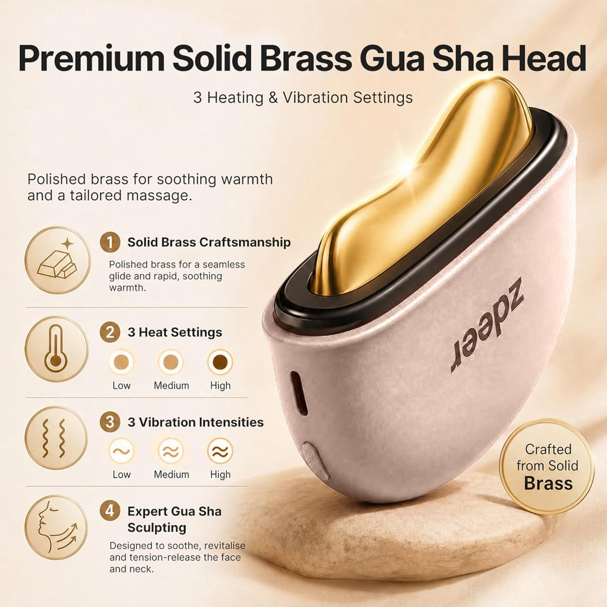 Brass Electric Heated Gua Sha Facial Sculpting Tool with Red Light Therapy & Vibration