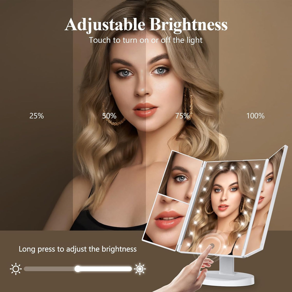 2X/3X/10X Magnifying Vanity Mirror with Light, Trifold Makeup Mirror with Adjustable LED Brightness