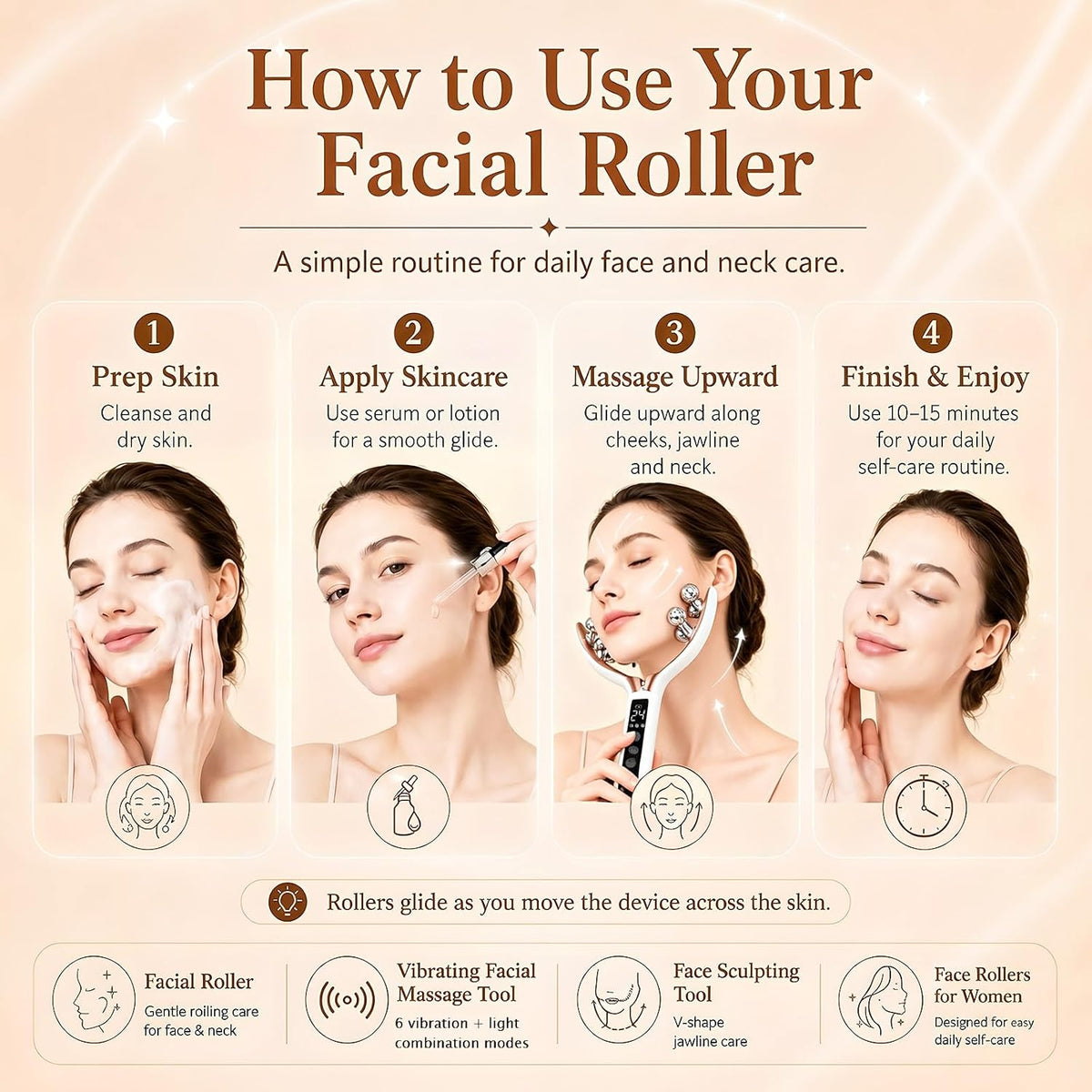 Wireless 8-Roller 3D Face Massager with LED Microcurrent EMS & V-Shape Sculpting