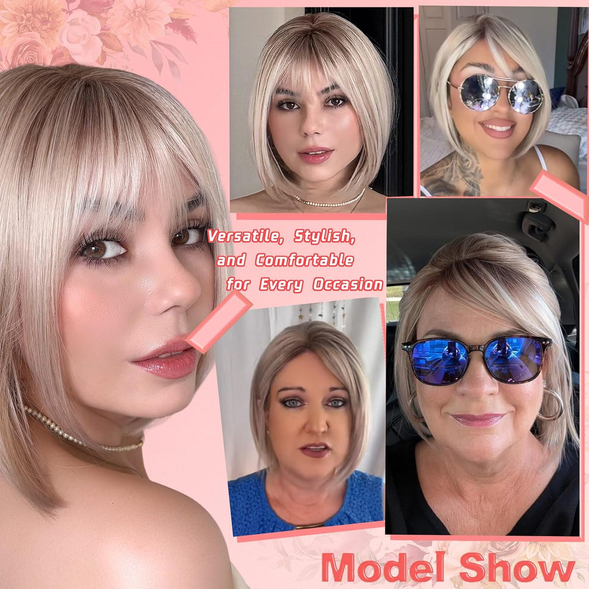 Ash blonde bob shown in real-life styling scenes