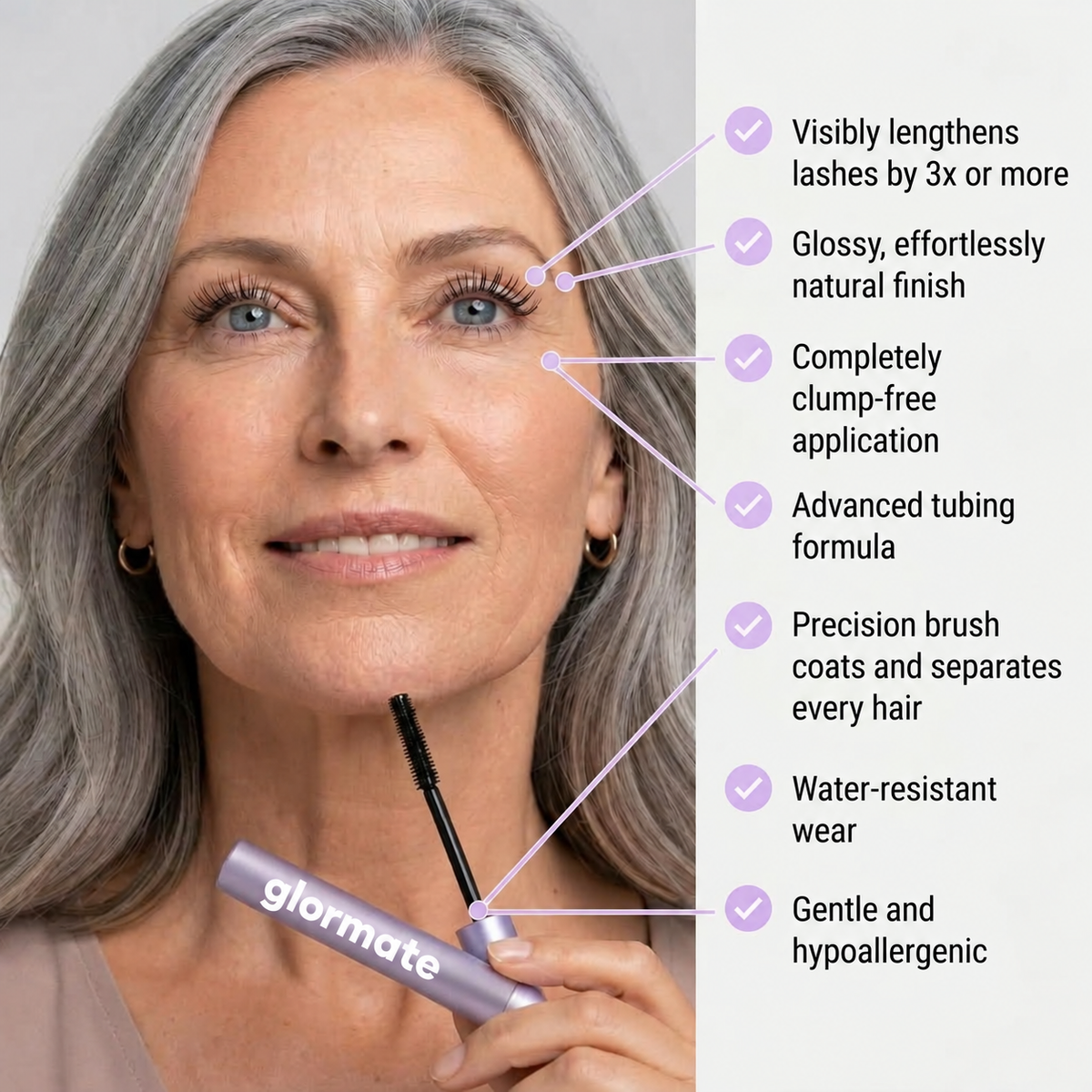 Glormate mascara held by model with product features