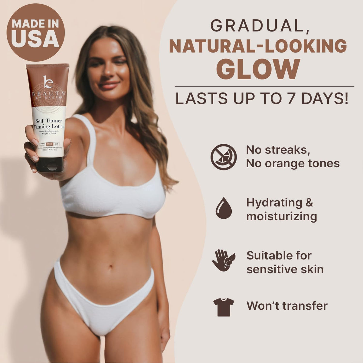 Self Tanner - USA Made with Natural & Organic Ingredients, Moisturizing Lotion with Aloe Vera & Coconut (Medium)