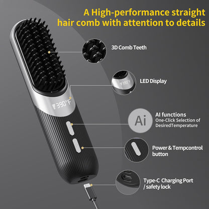 Cordless 2-in-1 AI Smart Hair Styler - Fast 30s Heat USB Rechargeable Portable Travel Comb