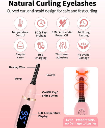 Heated Eyelash Curler with LED Display - 3 Temp Settings USB Rechargeable Electric Lash Curler