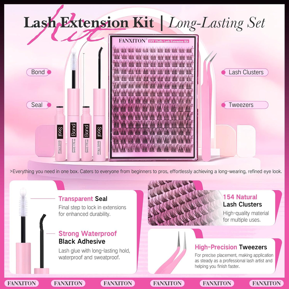 DIY Lash Extension Kit - 154 Pcs Natural Wispy Clusters, D Curl 8-16mm with Bond, Seal, and Tweezers