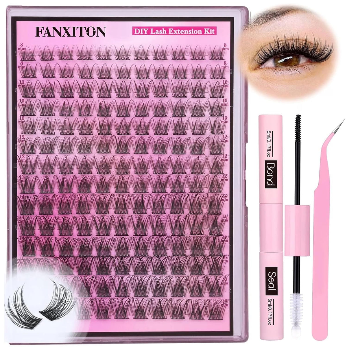DIY Lash Extension Kit - 154 Pcs Natural Wispy Clusters, D Curl 8-16mm with Bond, Seal, and Tweezers
