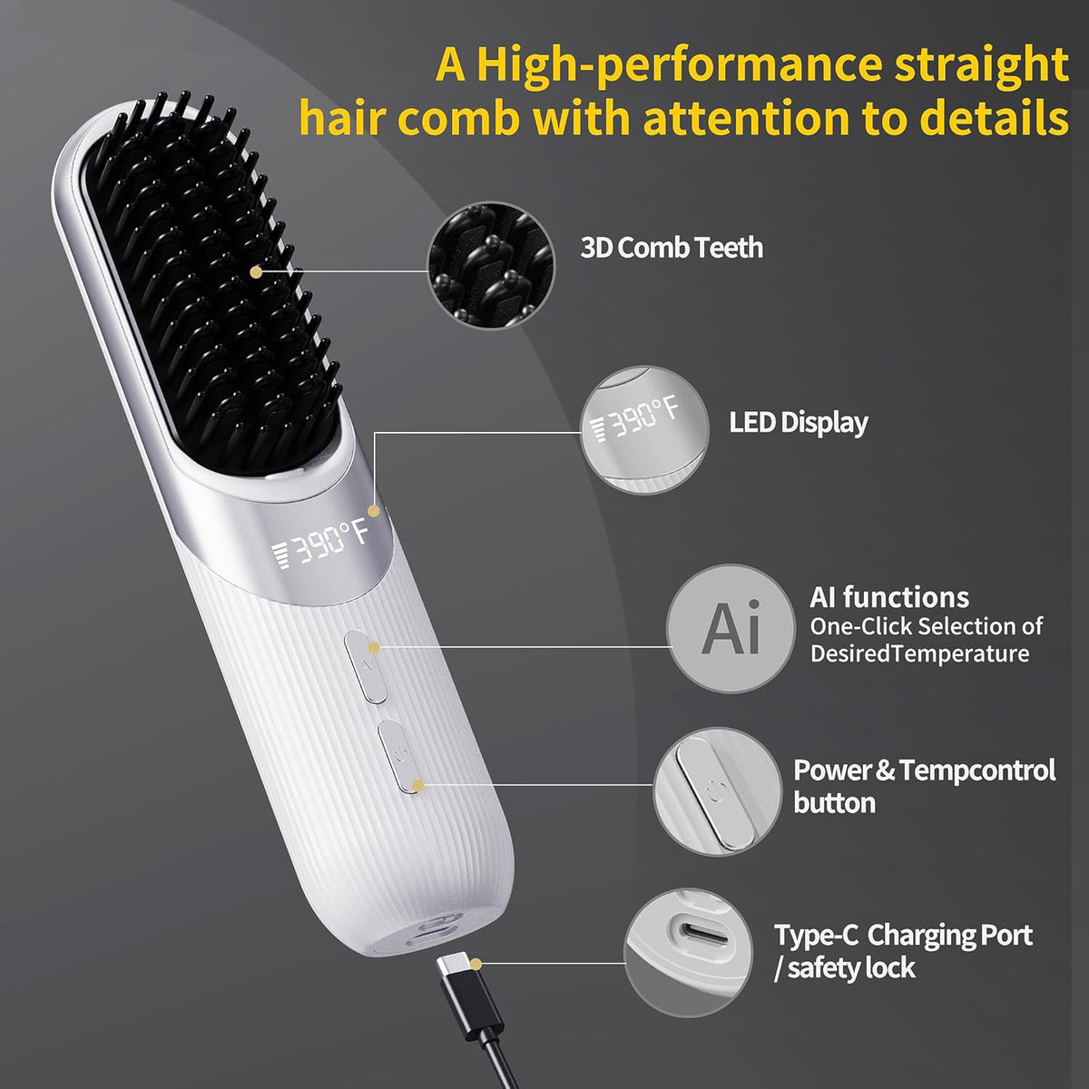 Cordless 2-in-1 AI Smart Hair Styler - Fast 30s Heat, USB Rechargeable Portable Travel Comb
