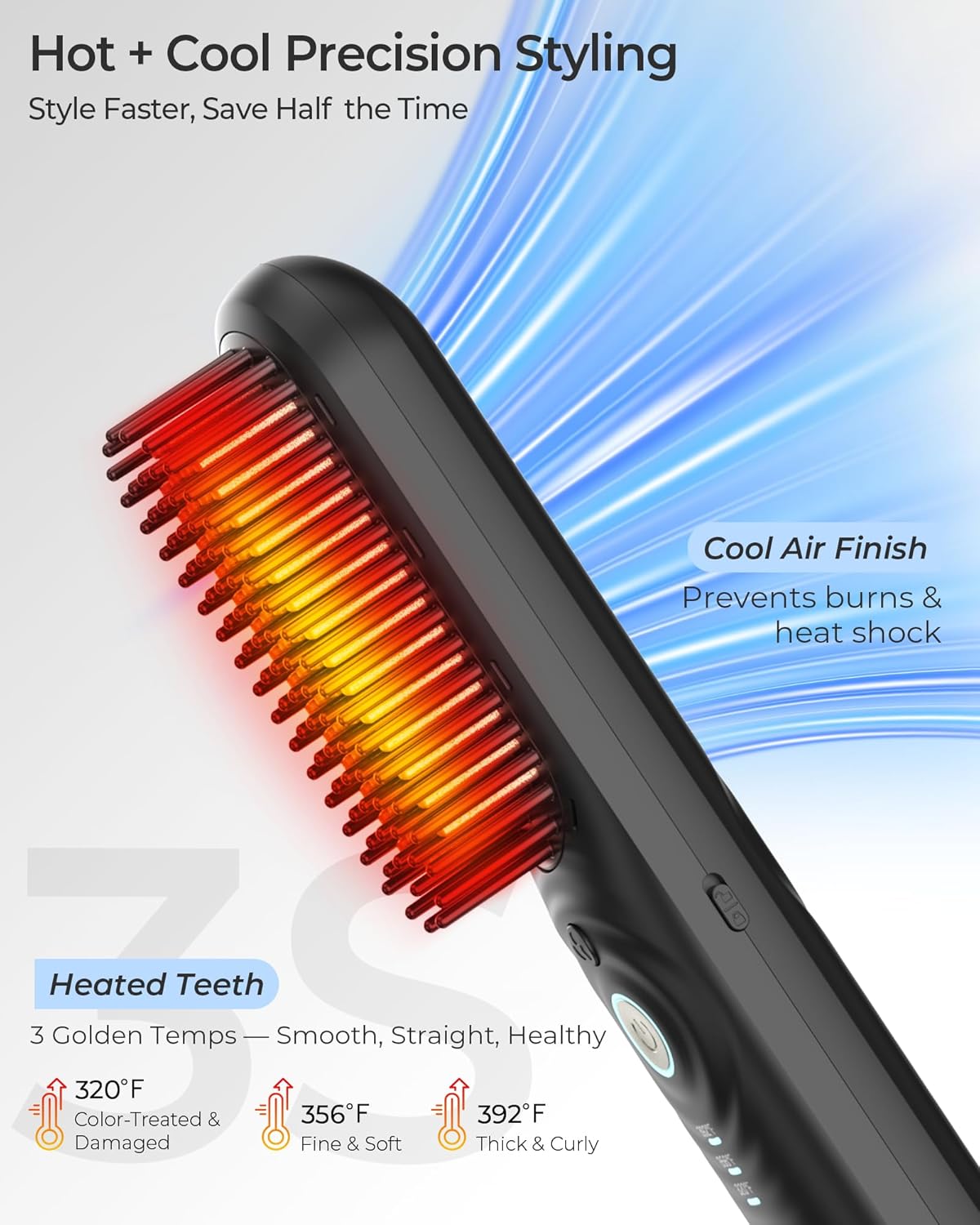 Cordless Hair Straightener Brush with Cool Air, Portable Mini Travel Styler for Thick Curly Hair