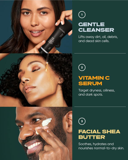 3pc Skin Care Kit for Men and Women - Shea Butter, 15% Vitamin C Serum, and Facial Cleanser