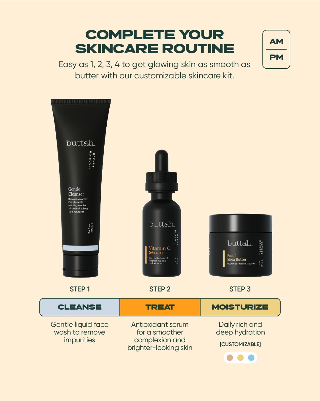 3pc Skin Care Kit for Men and Women - Shea Butter, 15% Vitamin C Serum, and Facial Cleanser