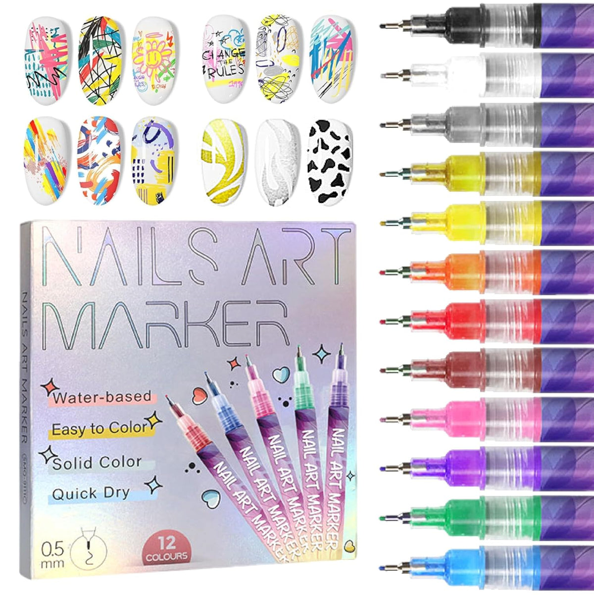 12 Colors Nail Art Pens Set with 0.5mm Fine Tip for Professional Designs and DIY Manicure