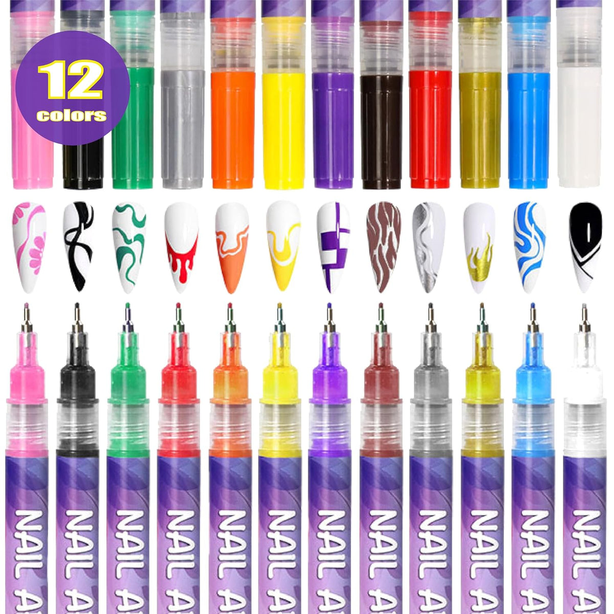 12 Colors Nail Art Pens Set with 0.5mm Fine Tip for Professional Designs and DIY Manicure