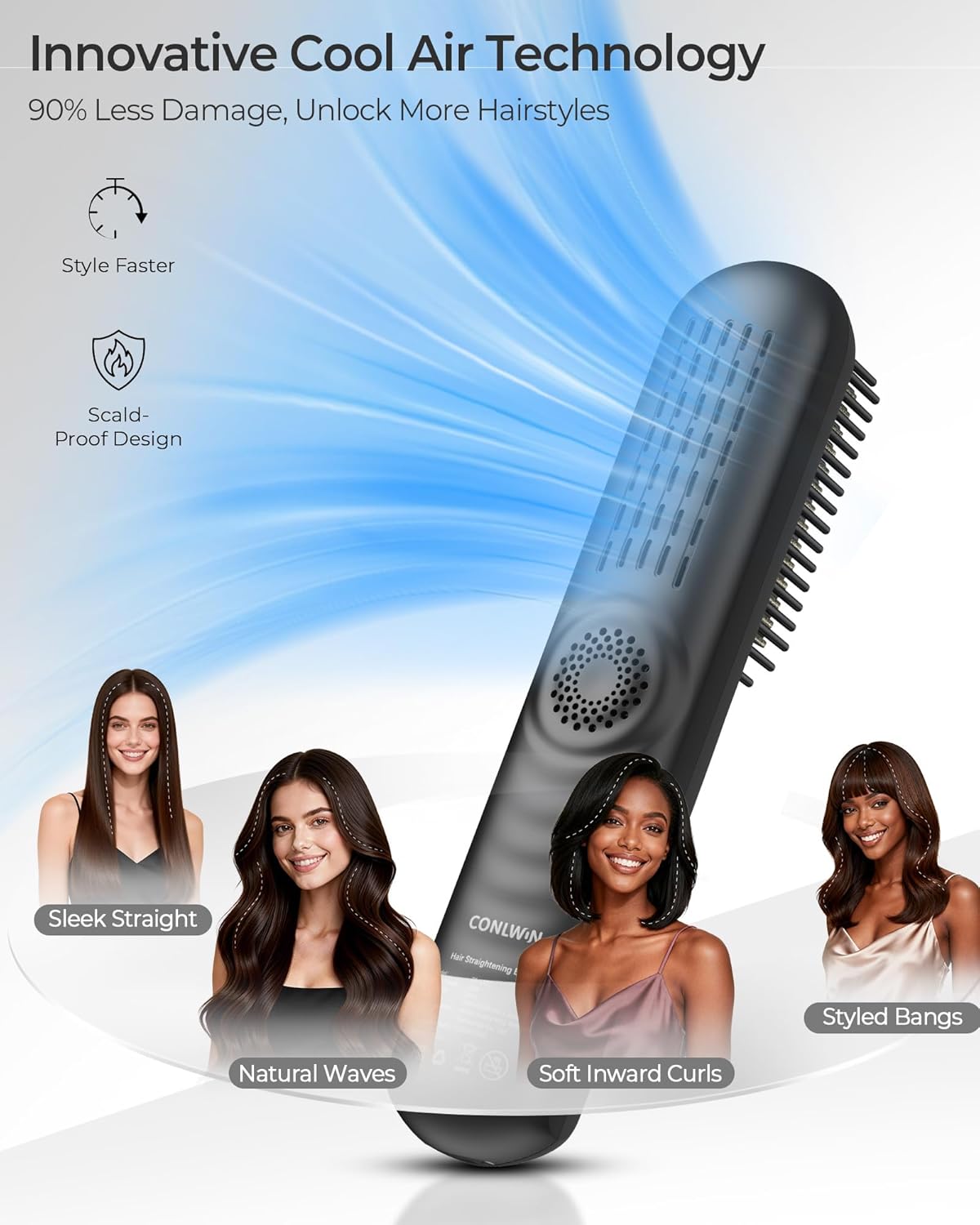 Cordless Hair Straightener Brush with Cool Air, Portable Mini Travel Styler for Thick Curly Hair