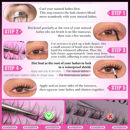 DIY Lash Extension Kit - 154 Pcs Natural Wispy Clusters, D Curl 8-16mm with Bond, Seal, and Tweezers