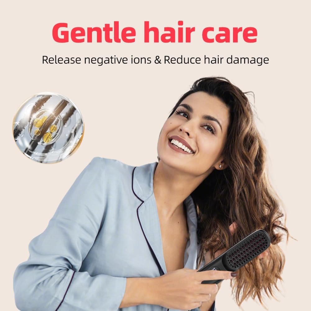 Cordless Hair Straightener Brush - Portable Mini Hot Comb with Negative Ion and LED Display
