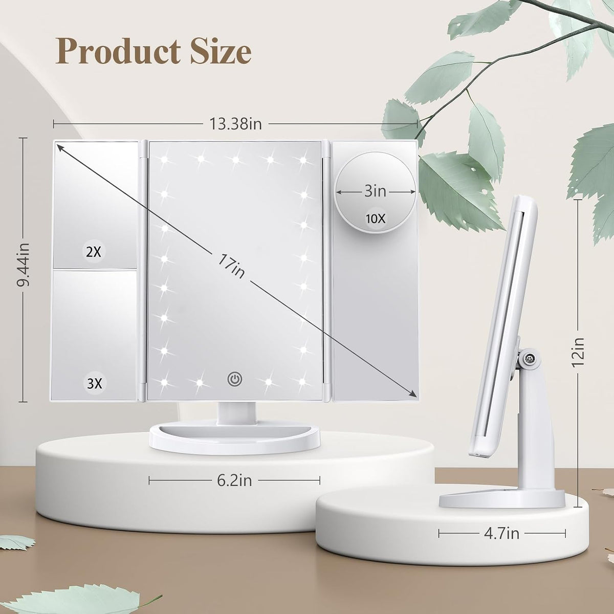 2X/3X/10X Magnifying Vanity Mirror with Light, Trifold Makeup Mirror with Adjustable LED Brightness