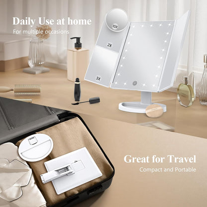 2X/3X/10X Magnifying Vanity Mirror with Light, Trifold Makeup Mirror with Adjustable LED Brightness