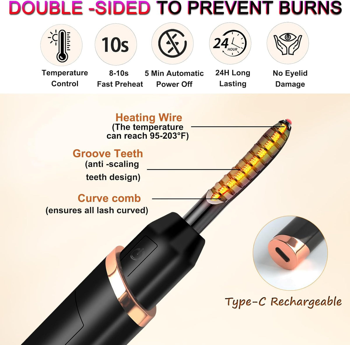 Heated Eyelash Curler with Battery Indicator, 3 Temperature Modes LED Display USB Rechargeable Makeup Tool