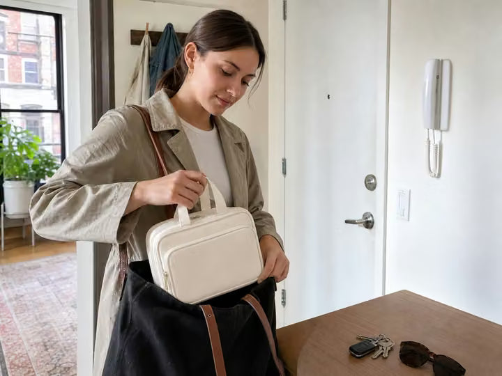 Woman placing the cream beauty organizer into a work tote
