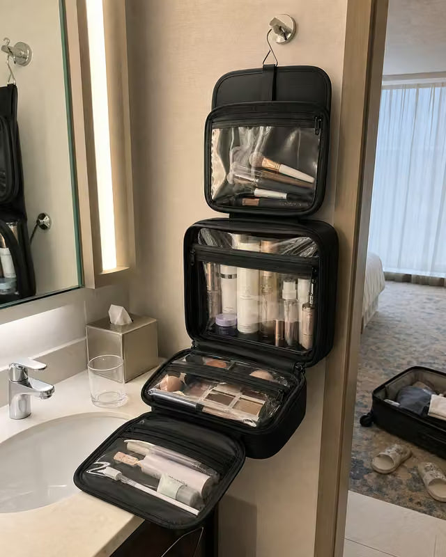 Black beauty organizer hanging beside a hotel mirror
