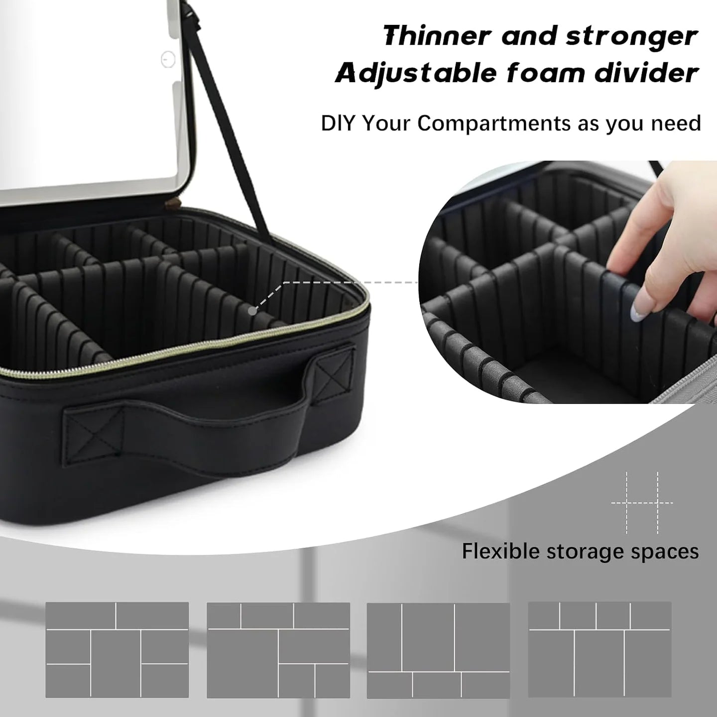 A divider being removed and examples of different compartment layouts